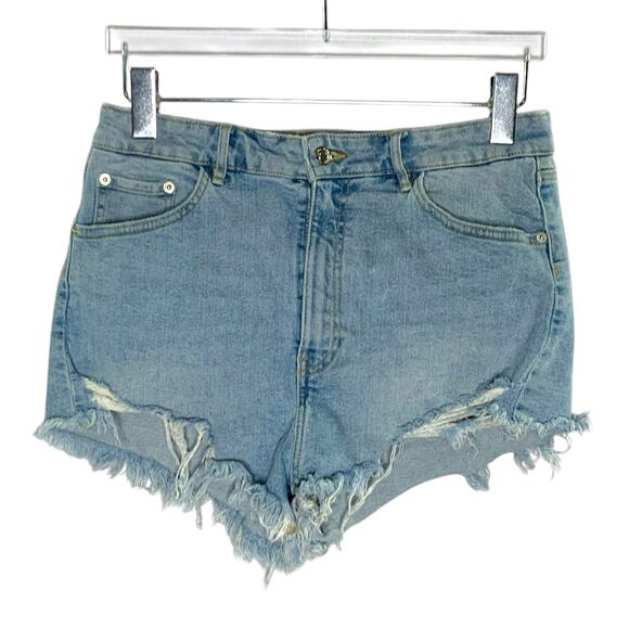 Zara 10 Womens Distressed Cut Off High Rise Denim Shorts Festival Button Fly - Picture 1 of 9